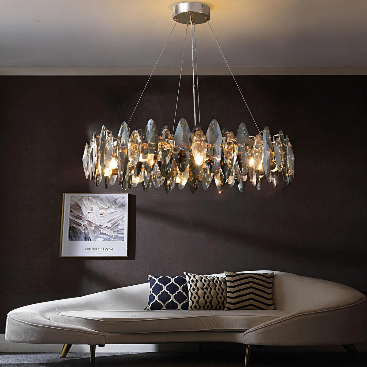 Modern Round Chandelier Light Adjustable Hanging K9 Crystal Iron Frame LED 3000K for Living Room Dining Room