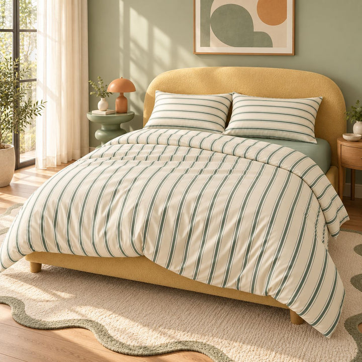 Minimalist Bedding Set Green Striped Duvet Cover Polyester Lightweight Soft Comfortable