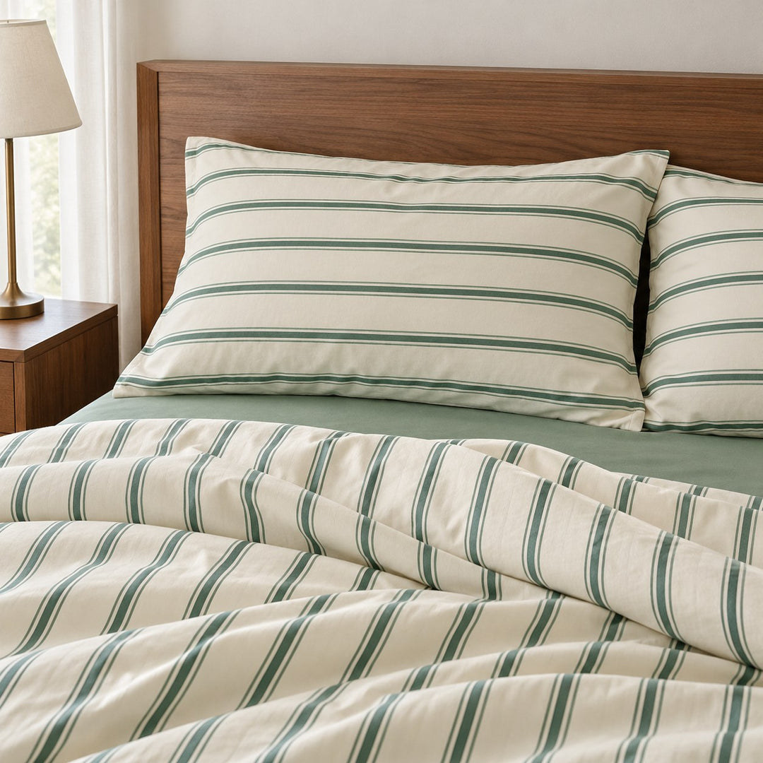 Minimalist Bedding Set Green Striped Duvet Cover Polyester Lightweight Soft Comfortable