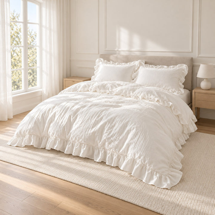 Modern Crumpled Ruffle Bedding Set Duvet Cover and Flat Sheet Polyester Soft Texture