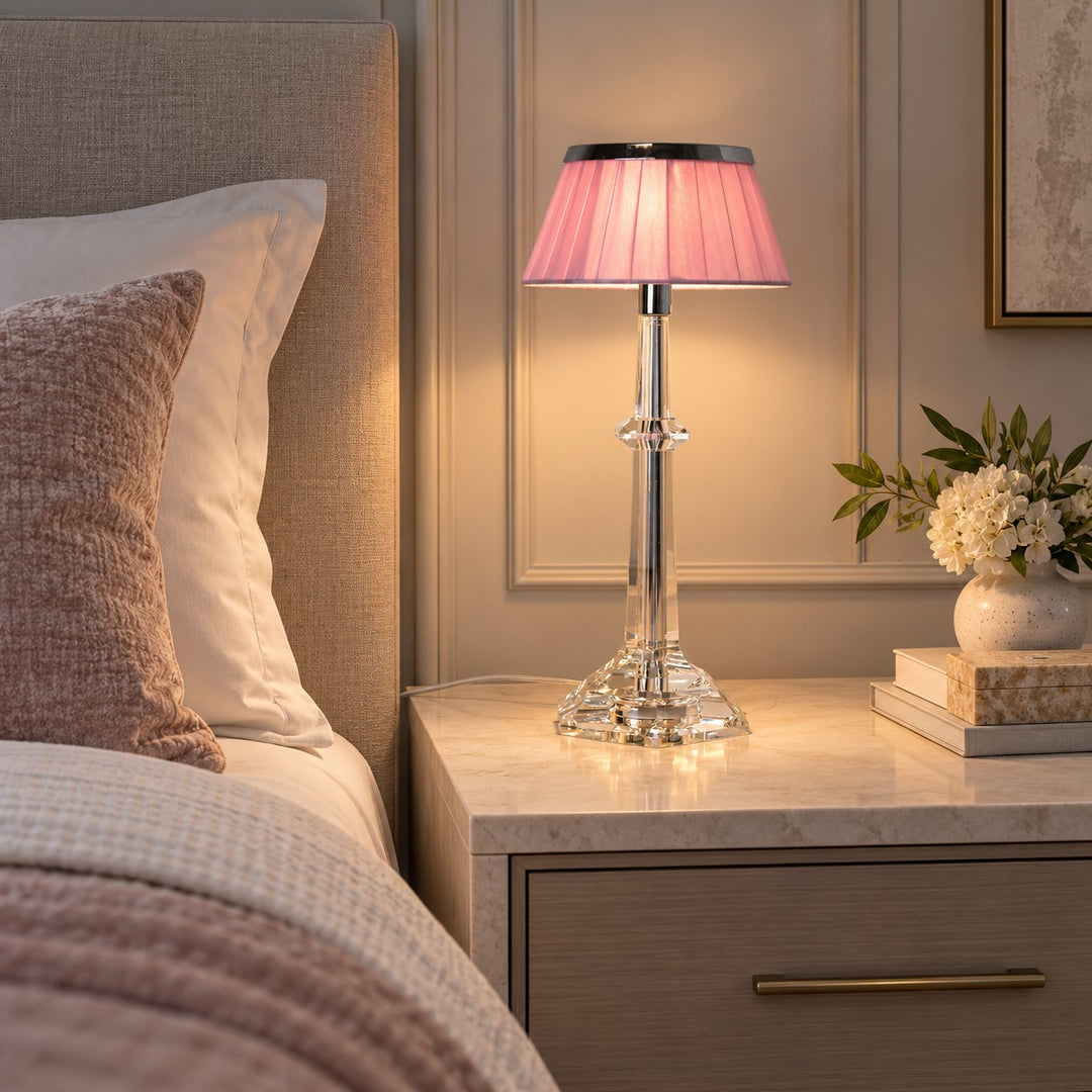 Modern Table Lamp Adjustable Height LED Edge Lighting Chrome Fabric Shade K9 Crystal Base