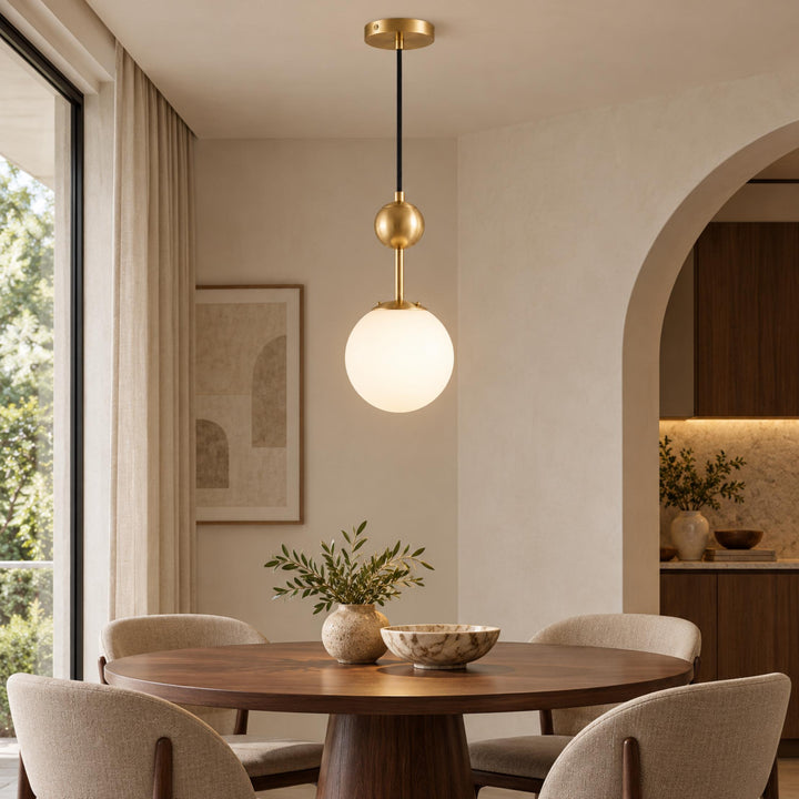 Modern Brass Globe Pendant Light with White Glass Shade – E14 Hanging Light