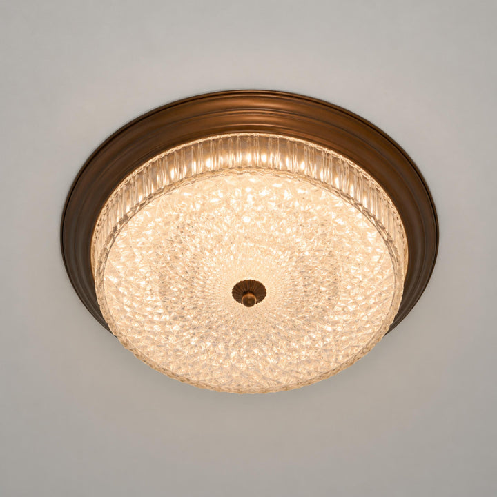 Vintage Brass & Ribbed Glass LED Flush Mount Ceiling Light