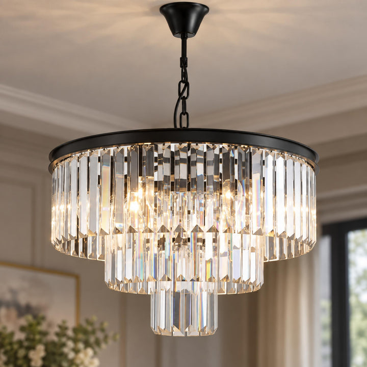 Modern Crystal Chandelier 3-Tier Hanging Light Fixture Black Metal Frame E12 LED Compatible