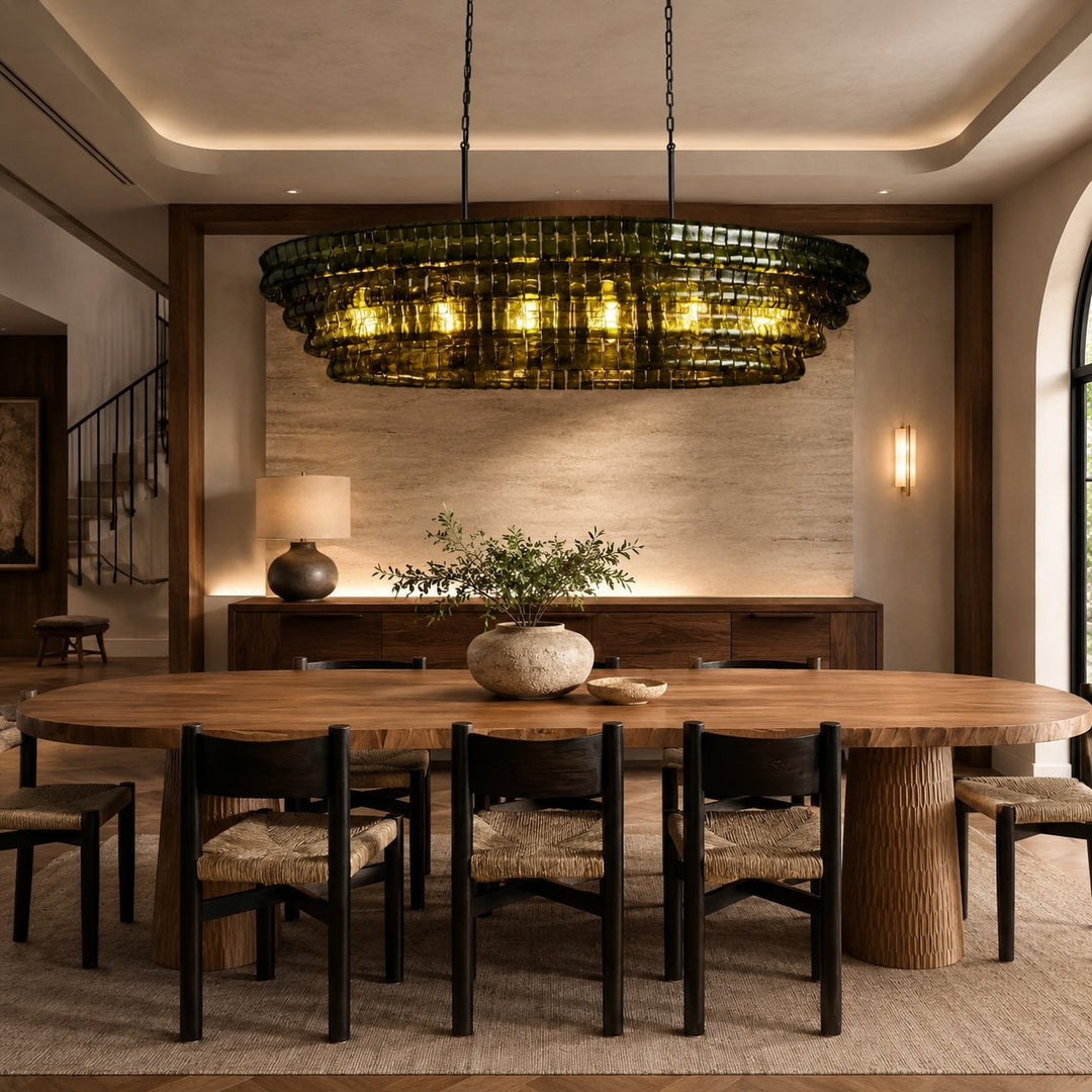 Modern Oval Chandelier Light Adjustable Hanging Steel Glass Fixture with 5 or 12 Bulb Options