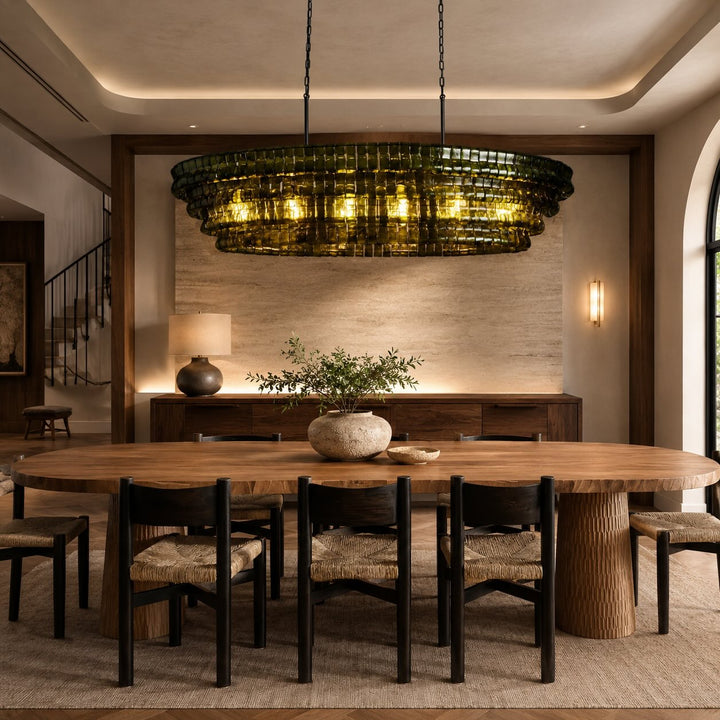 Modern Oval Chandelier Light Adjustable Hanging Steel Glass Fixture with 5 or 12 Bulb Options