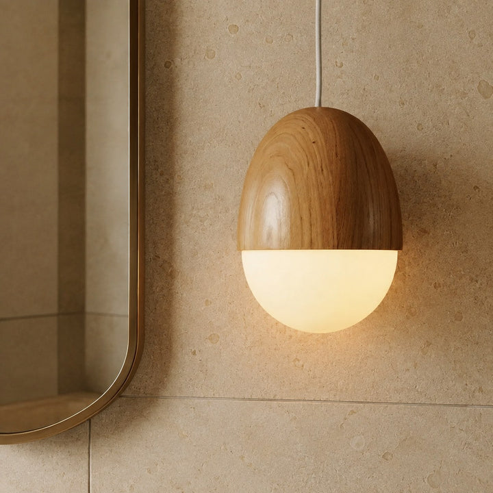 Modern Pendant Light Adjustable Hanging Fixture Wood Look Frosted Glass LED for Kitchen Island