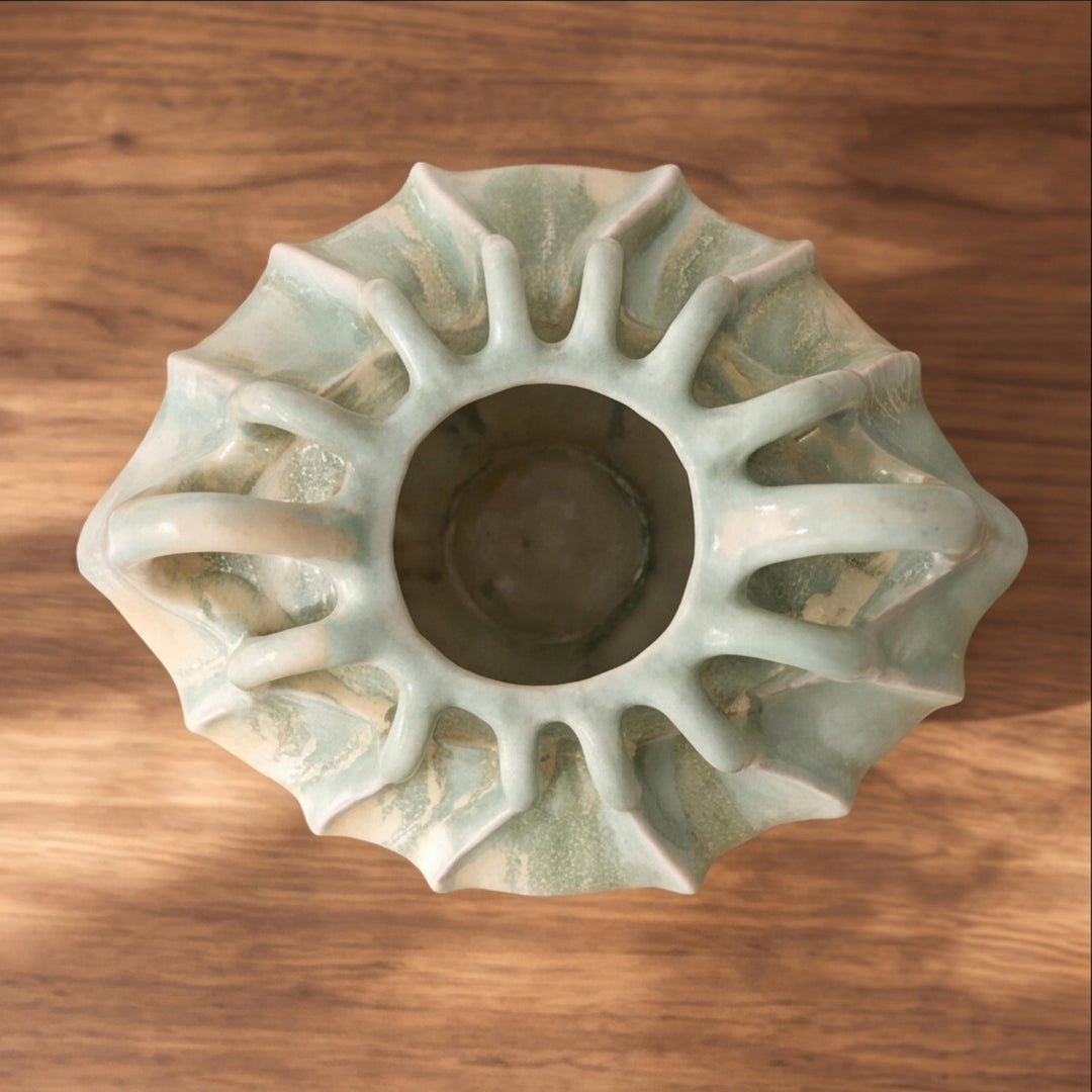 Modern Sculptural Ceramic Vase Multi-Handle Design Hand-Painted Green and Sand 33 cm Decorative Centerpiece