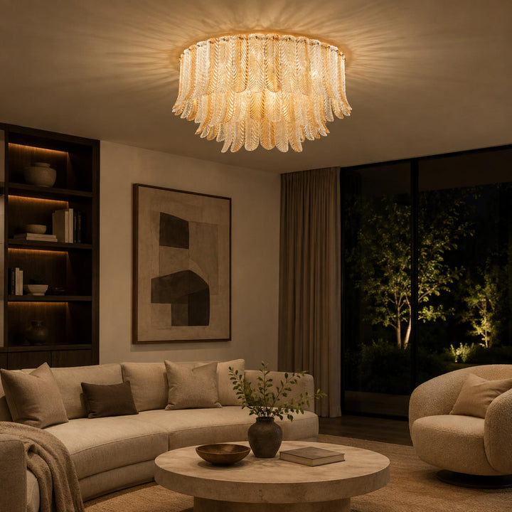 Art Deco Amber Glass Feather Ceiling Light – Brass Flush Mount Chandelier