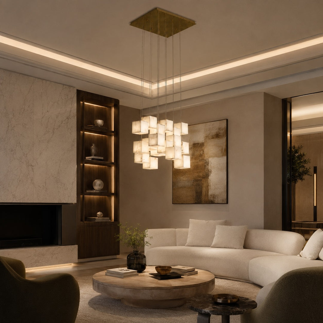 Modern Alabaster Box Pendant Light Hanging Fixture with LED Compatibility and Adjustable Height