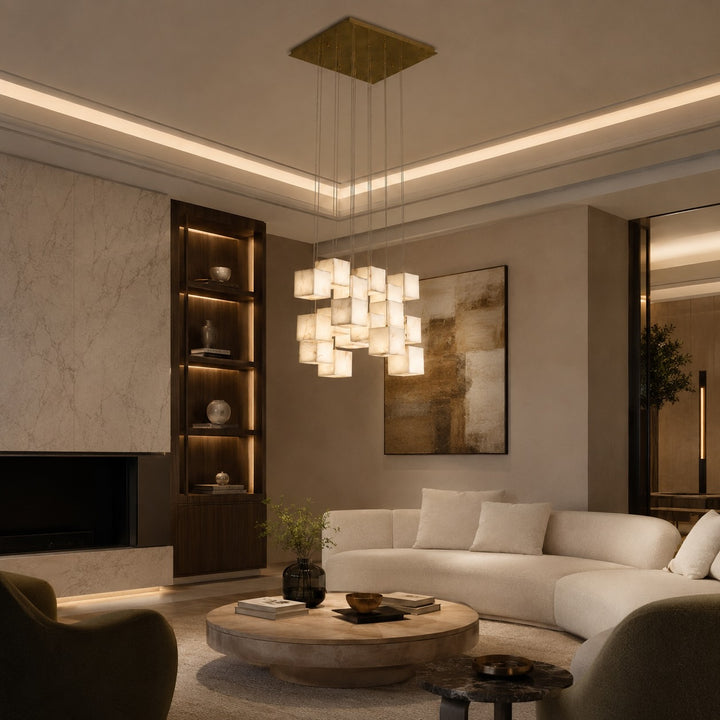 Modern Alabaster Box Pendant Light Hanging Fixture with LED Compatibility and Adjustable Height