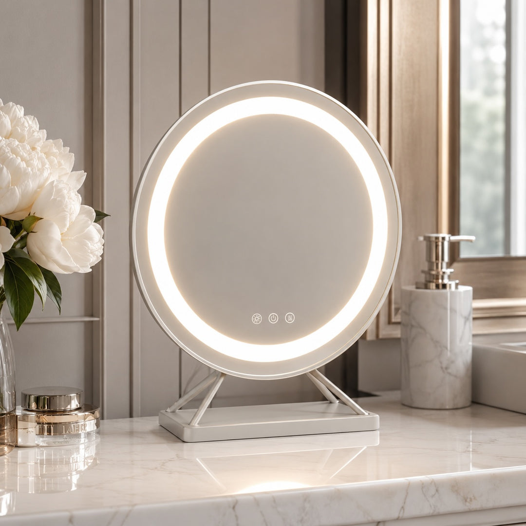 Dimmable Round Makeup Mirror with 15x Magnification and LED Lights for Vanity Desktop Use
