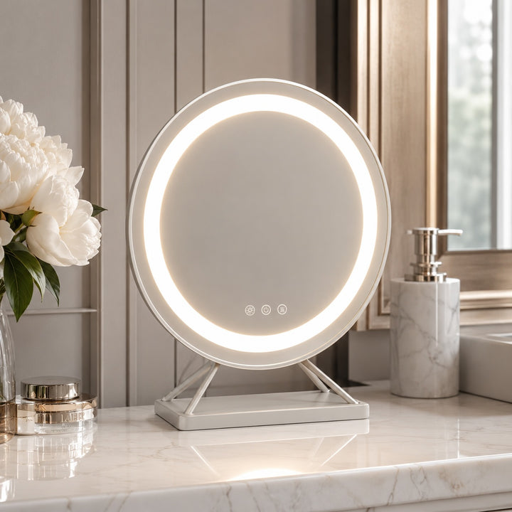 Dimmable Round Makeup Mirror with 15x Magnification and LED Lights for Vanity Desktop Use