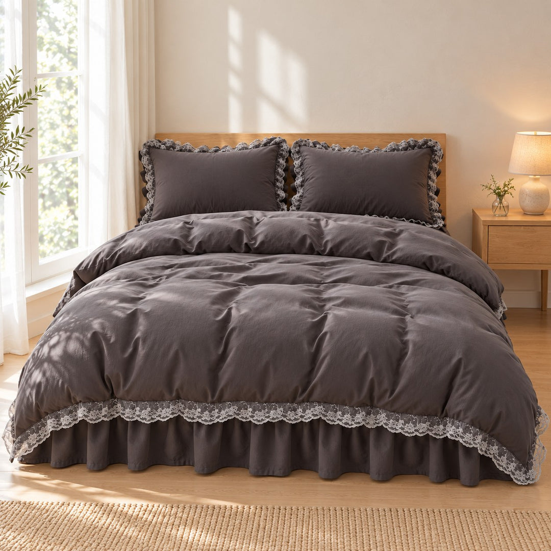 Modern Ruffle Lace Bedding Set with Elastic Skirt Bed Sheet and Soft Polyester Material