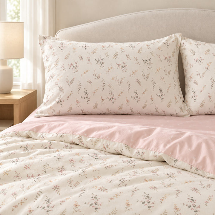 Floral Print Bedding Set in Pale Pink Color Soft Polyester Duvet Cover and Flat Sheet