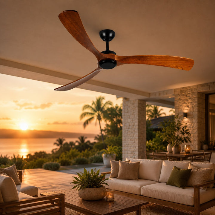 Modern Outdoor Ceiling Fan with Walnut Wood Blades IP65 Waterproof Rating and 6-Speed Motor