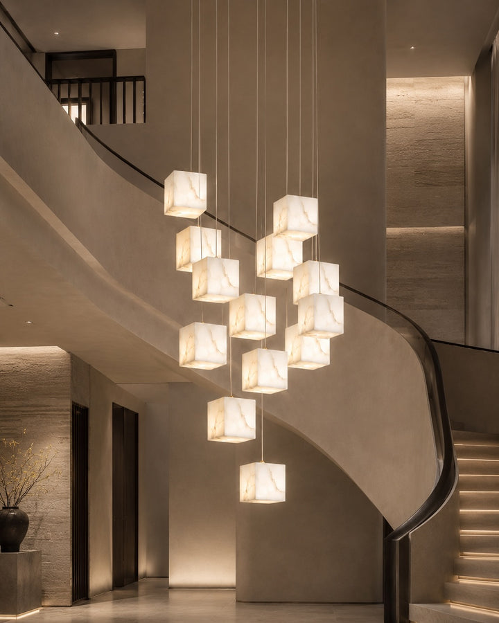 Modern Alabaster Box Pendant Light Hanging Fixture with LED Compatibility and Adjustable Height