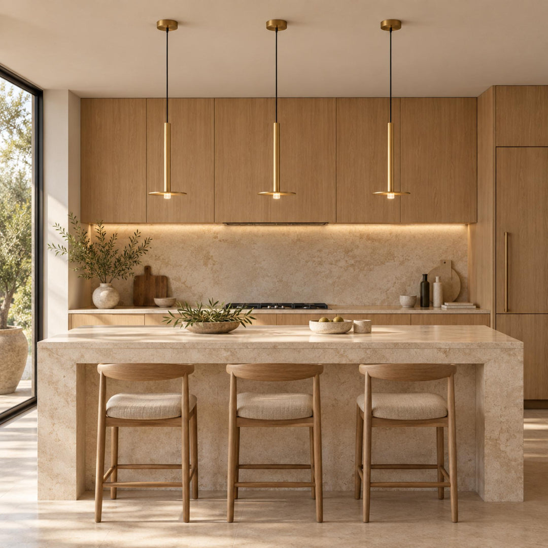 Modern Brass Disc LED Pendant Light with Slim Architectural Stem
