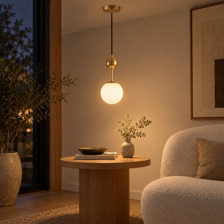 Modern Brass Globe Pendant Light with White Glass Shade – E14 Hanging Light