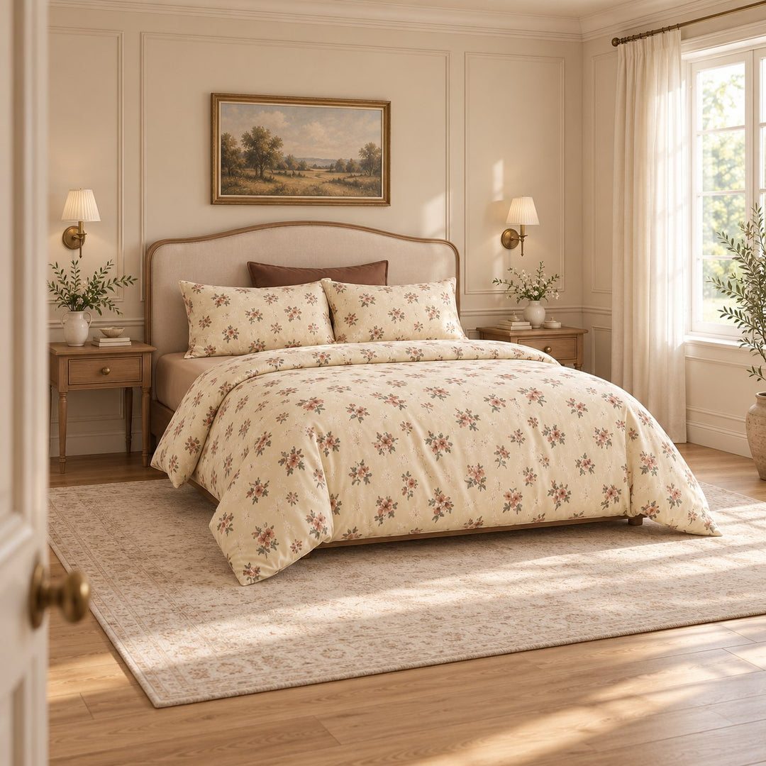 Vintage Floral Bedding Set Duvet Cover and Pillowcases Washed Cotton Breathable Durable