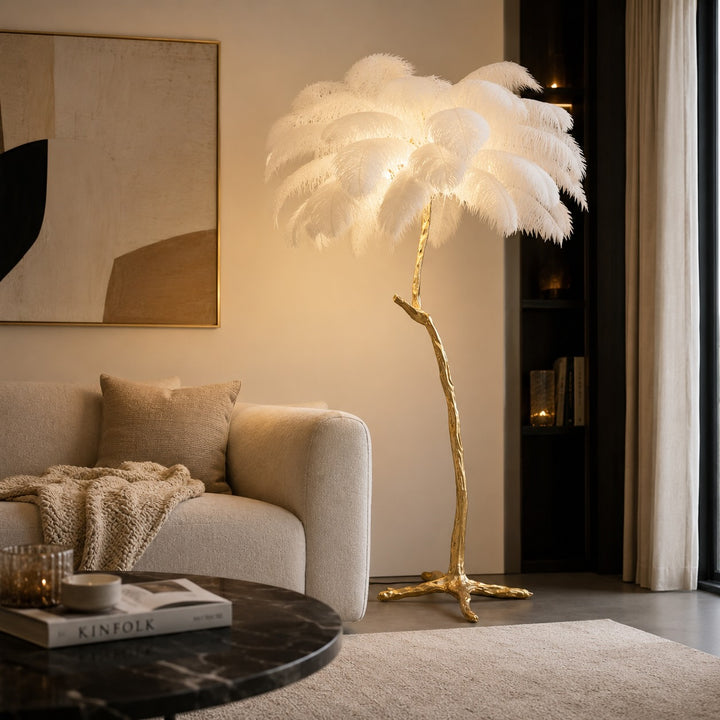 Modern Floor Lamp with Copper Base and Real Ostrich Feathers for Soft Ambient Lighting