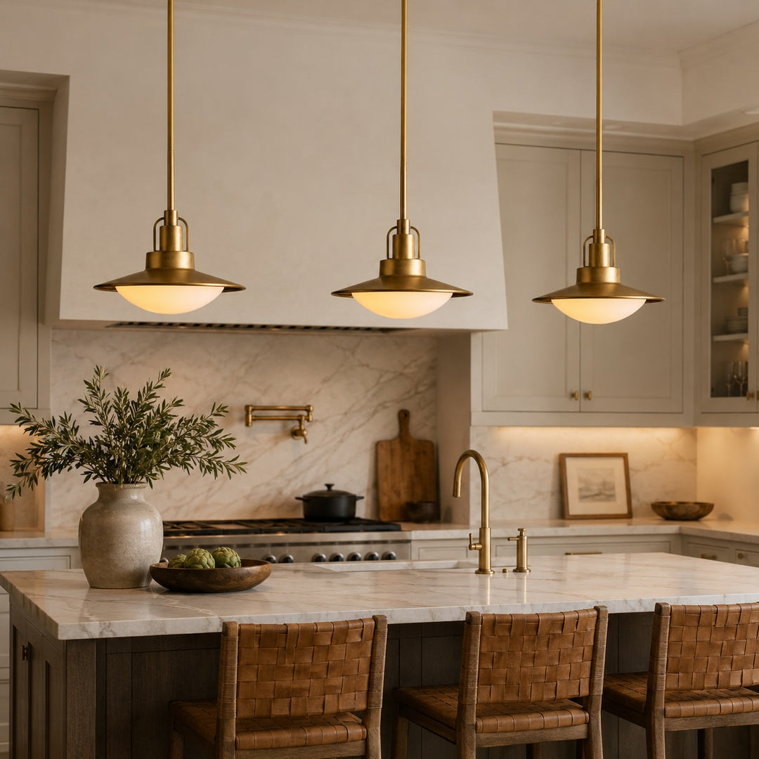 Modern Brass Saucer Pendant Light Hanging Metal Fixture with Frosted Glass Dome Shade for Kitchen Island Dining Room