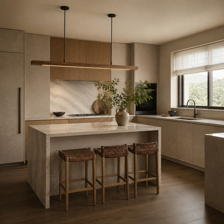 Modern Minimalist Pendant Light Adjustable Height Wood LED Diffuser for Kitchen Island Lighting