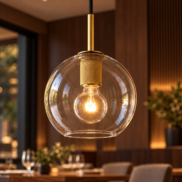 Modern Clear Glass Globe Pendant Light with Brass Finish – E27 Ceiling Light