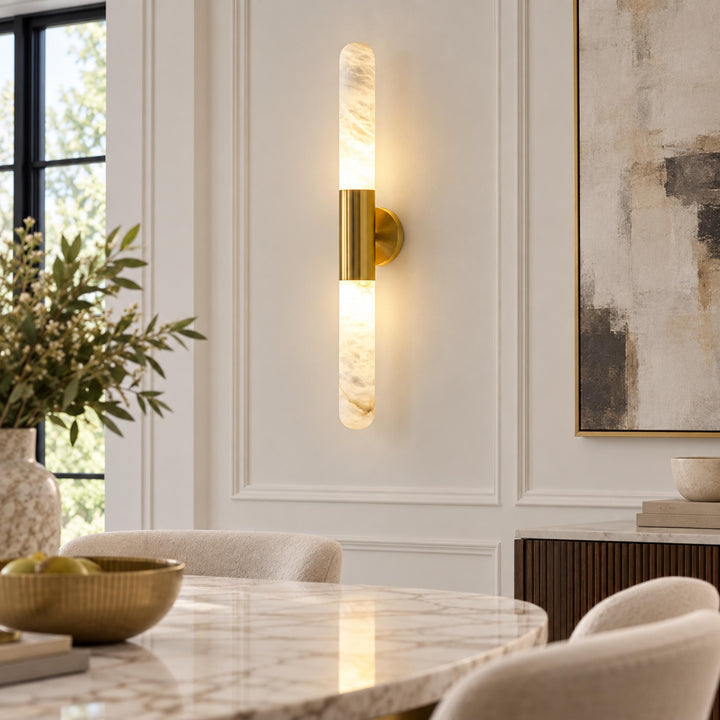 Modern Alabaster Wall Light Brushed Metal Fixture Warm White LED Illumination