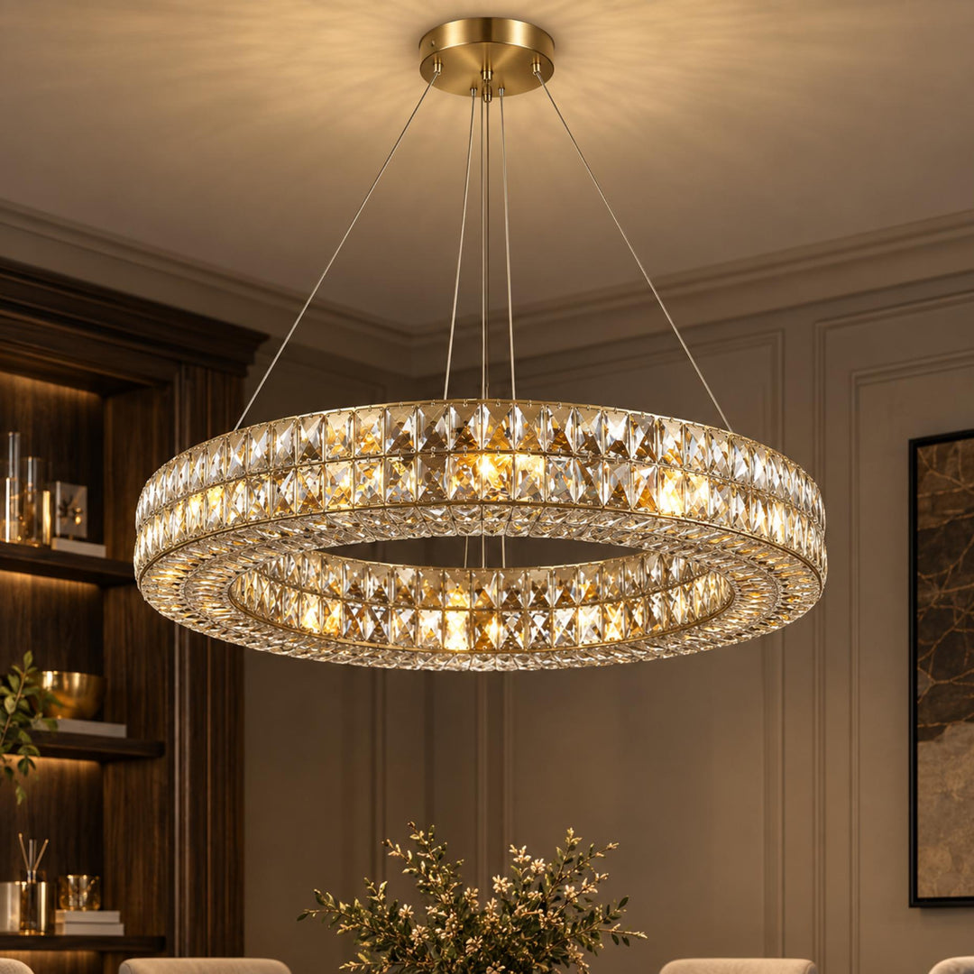 Modern Crystal Chandelier Adjustable Height Gold Metal Frame LED Lighting 9 to 16 Lights
