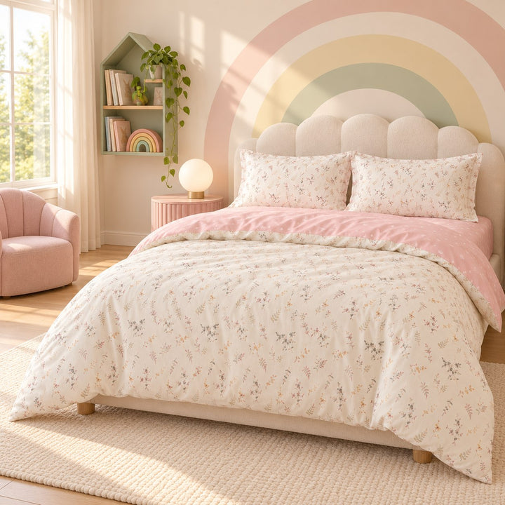 Floral Print Bedding Set in Pale Pink Color Soft Polyester Duvet Cover and Flat Sheet
