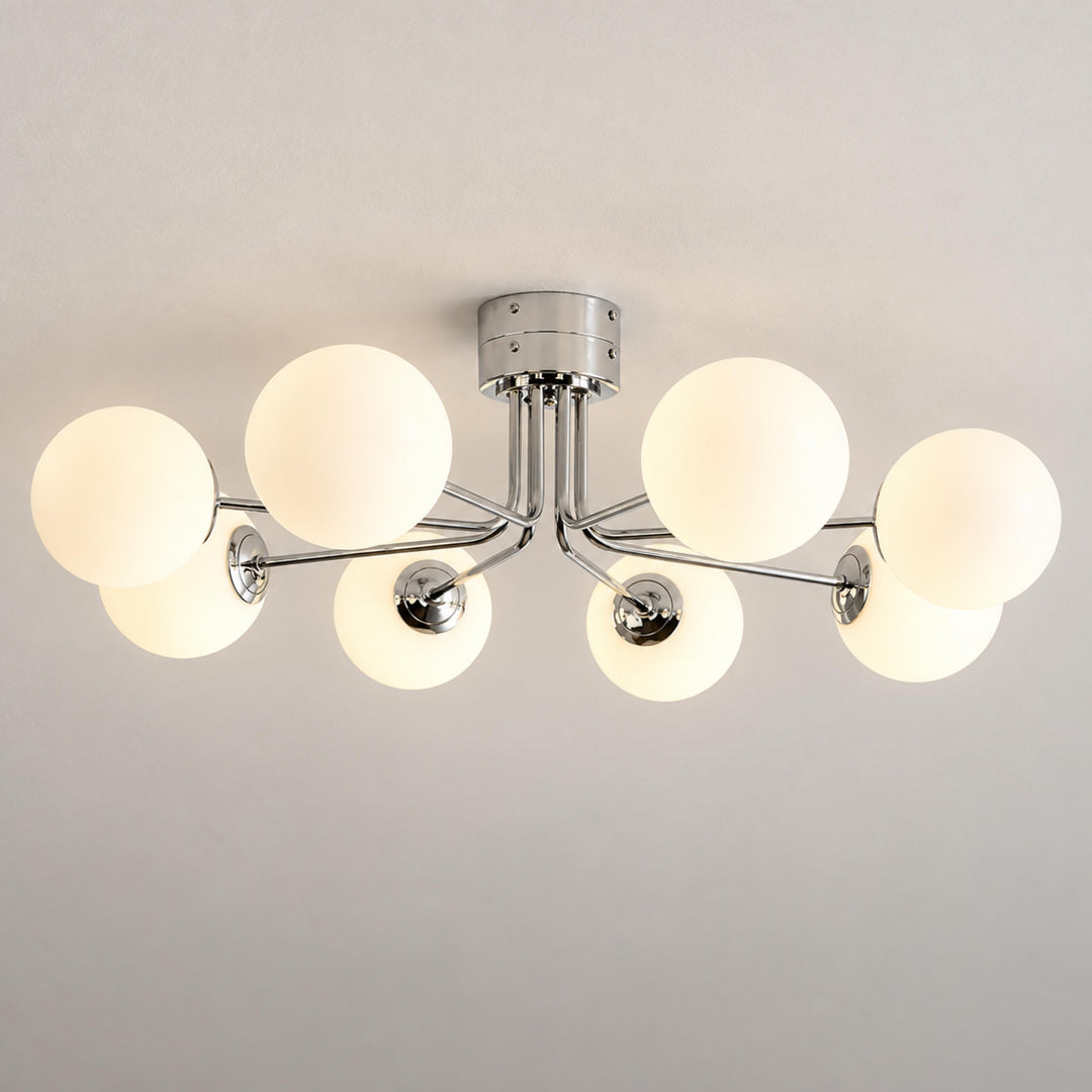 Modern Flush Mount Ceiling Light with Curved Metal and Glass Shade LED Compatible 6 Heads