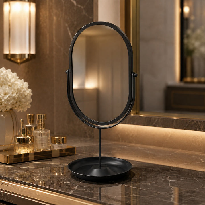 Modern Oval Makeup Mirror 360° Rotating Desktop Stand Wrought Iron Frame with HD Glass