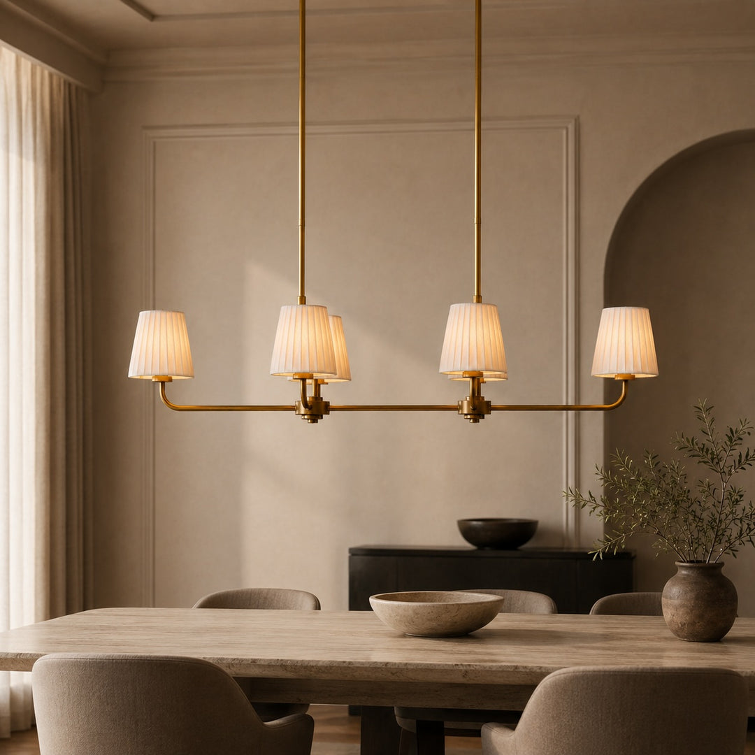 Luxury Brass Linear Chandelier with 6 Pleated Fabric Shades – Modern Adjustable Dining Room & Kitchen Island Pendant Light