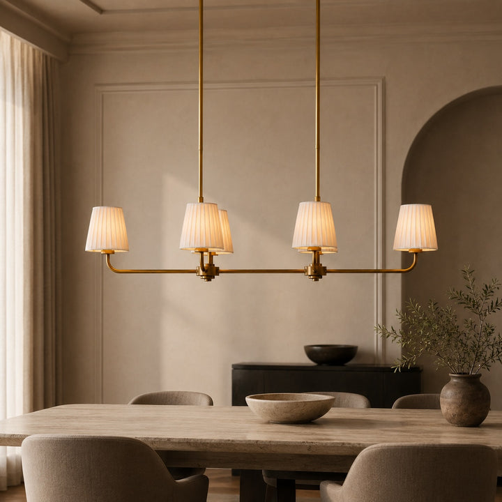 Luxury Brass Linear Chandelier with 6 Pleated Fabric Shades – Modern Adjustable Dining Room & Kitchen Island Pendant Light