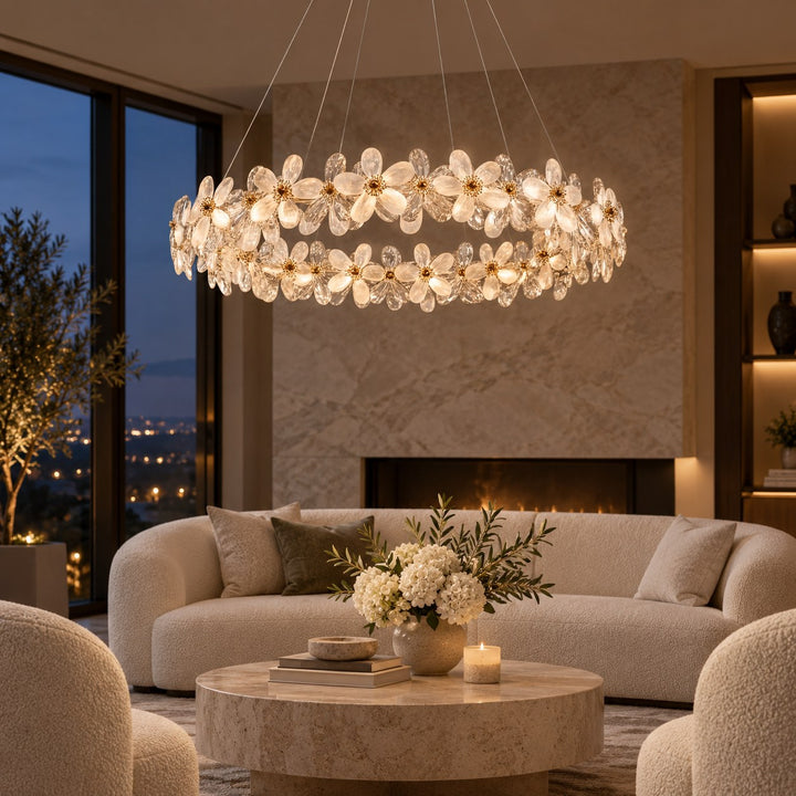 Modern Crystal Chandelier Adjustable Height K9 Crystal LED Hanging Light Fixture with Three Color Temperatures