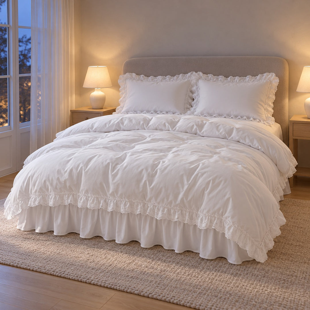 Modern Ruffle Lace Bedding Set with Elastic Skirt Bed Sheet and Soft Polyester Material