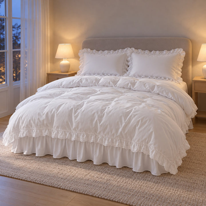 Modern Ruffle Lace Bedding Set with Elastic Skirt Bed Sheet and Soft Polyester Material