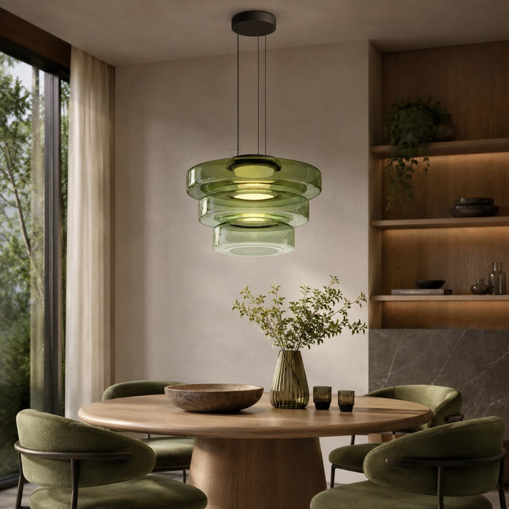 Modern Glass Pendant Light Hanging Fixture with Adjustable Height Dimmable LED and Iron Finish