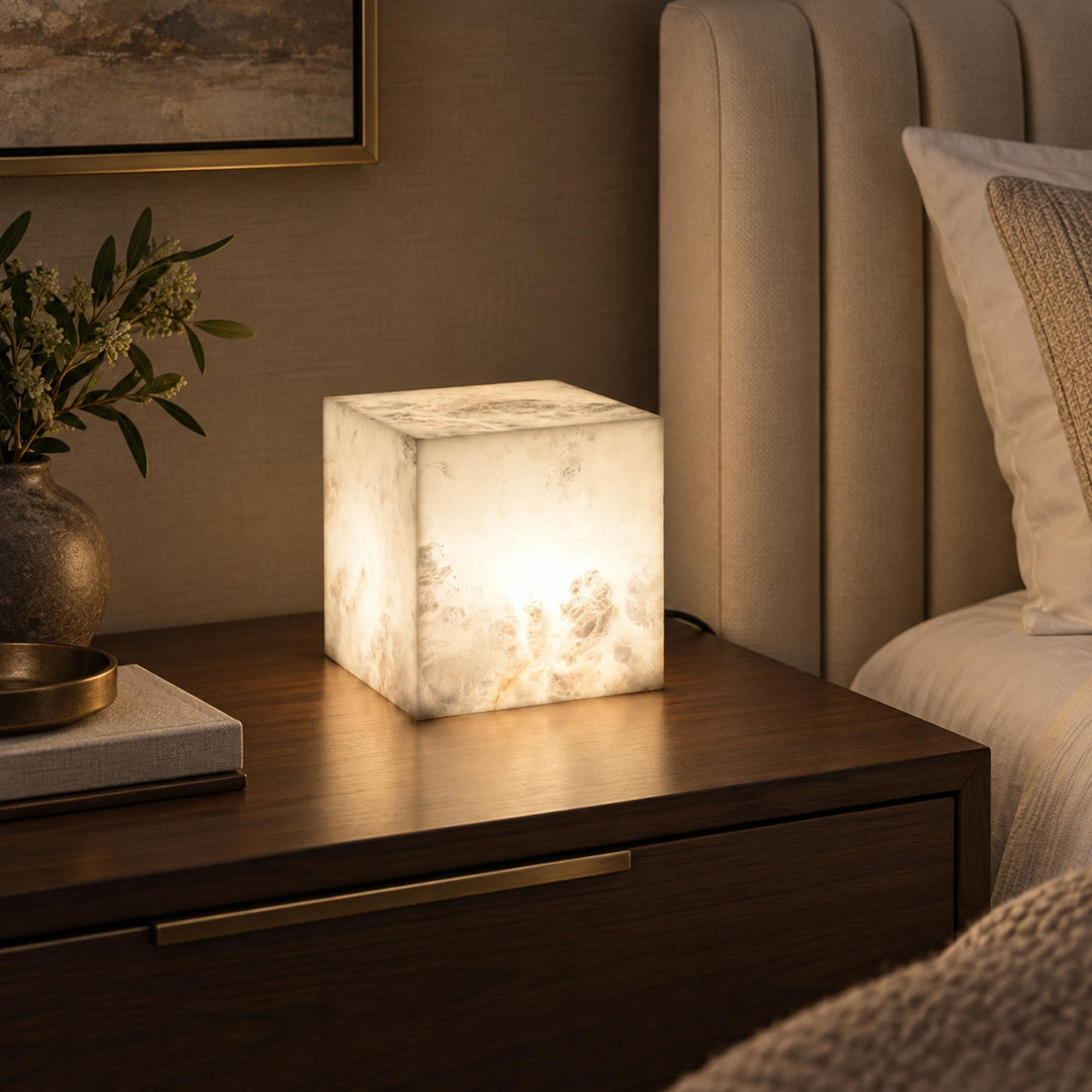 Modern Alabaster Table Lamp Cube Design LED Light for Bedroom or Desk Use