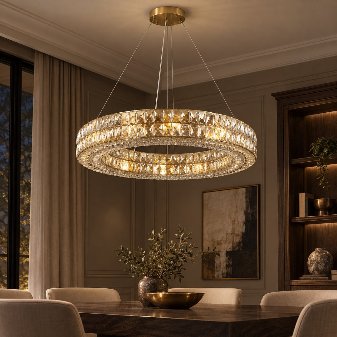 Modern Crystal Chandelier Adjustable Height Gold Metal Frame LED Lighting 9 to 16 Lights