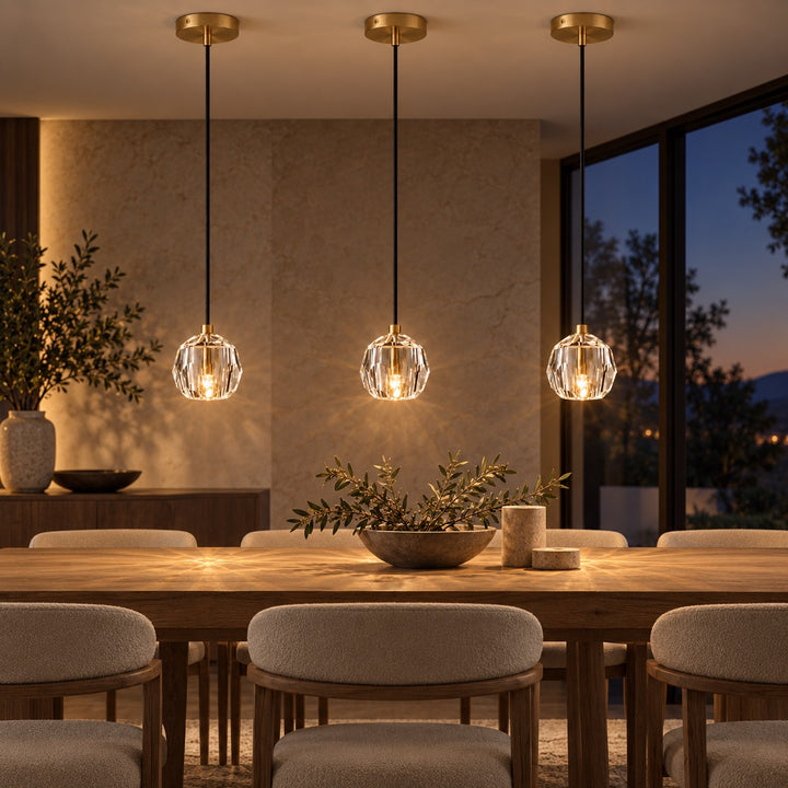 Modern K10 Crystal Pendant Light with Natural Brass – G9 LED, Rod or Cord Suspension