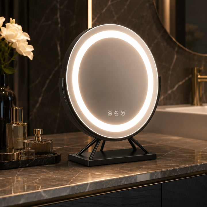 Dimmable Round Makeup Mirror with 15x Magnification and LED Lights for Vanity Desktop Use