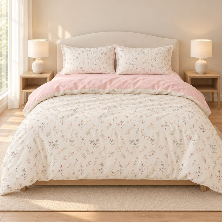 Floral Print Bedding Set in Pale Pink Color Soft Polyester Duvet Cover and Flat Sheet
