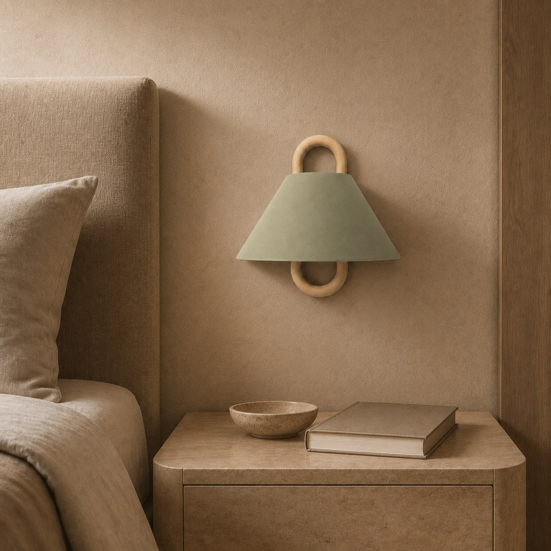 Minimalist Wall Light Wall Mounted Beech Wood Base Fabric Shade LED Soft Ambient Lighting
