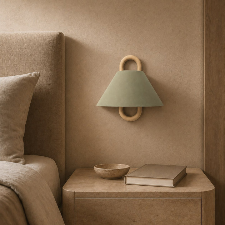 Minimalist Wall Light Wall Mounted Beech Wood Base Fabric Shade LED Soft Ambient Lighting
