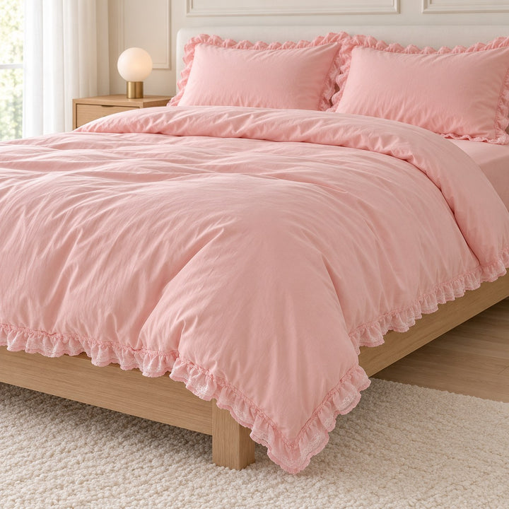 Modern Ruffle Lace Bedding Set with Elastic Skirt Bed Sheet and Soft Polyester Material