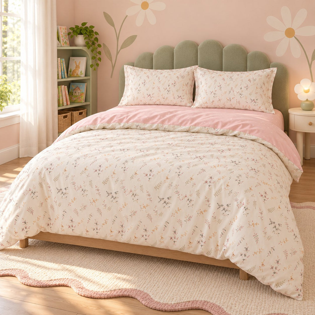 Floral Print Bedding Set in Pale Pink Color Soft Polyester Duvet Cover and Flat Sheet