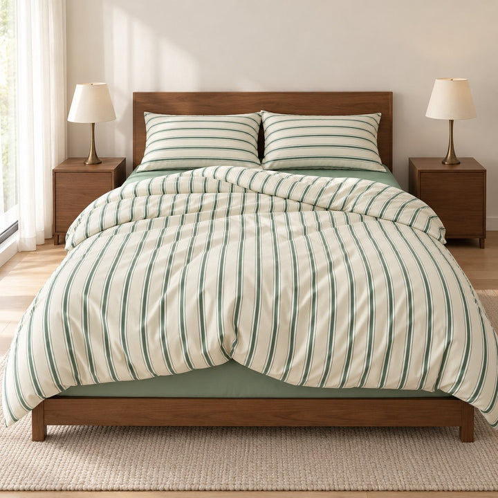 Minimalist Bedding Set Green Striped Duvet Cover Polyester Lightweight Soft Comfortable