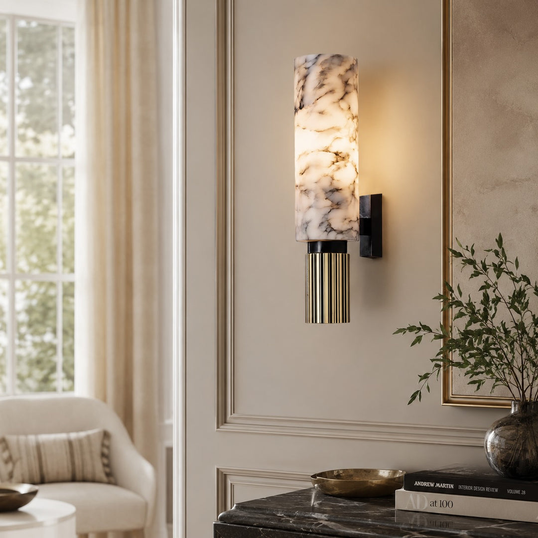 Contemporary Wall Light Wall Mounted Alabaster Cylinder Fluted Copper Base LED Sconce 38cm